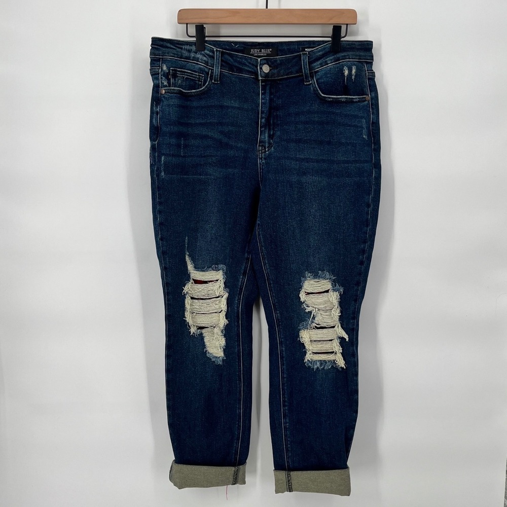 Judy Blue Boyfriend Jeans Women 15/32 Blue Distressed Plaid Patch Denim JB88706‎